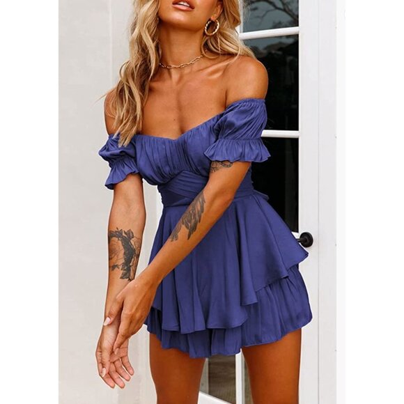 Dark Blue Ruffle‎ Short Sleeve Off Shoulder Layered Romper Short Jumpsuit - Picture 2 of 6